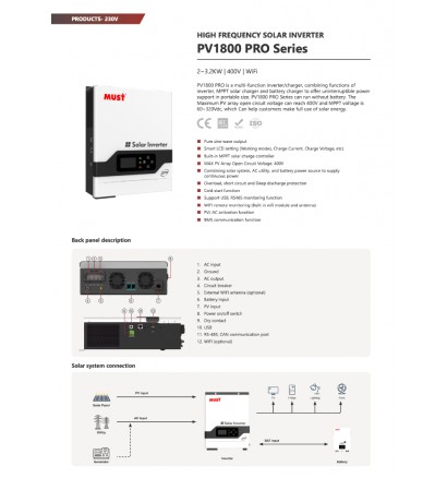 Гібридний сонячний інвертор Must 3200W 24V 100A (PV18-3224 PRO 3,2 kw)